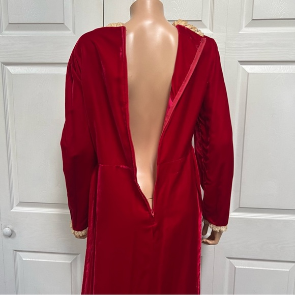 1960 Red Velvet Long Christmas Dress Lace Trim Lind Sleeve - Picture 3 of 10